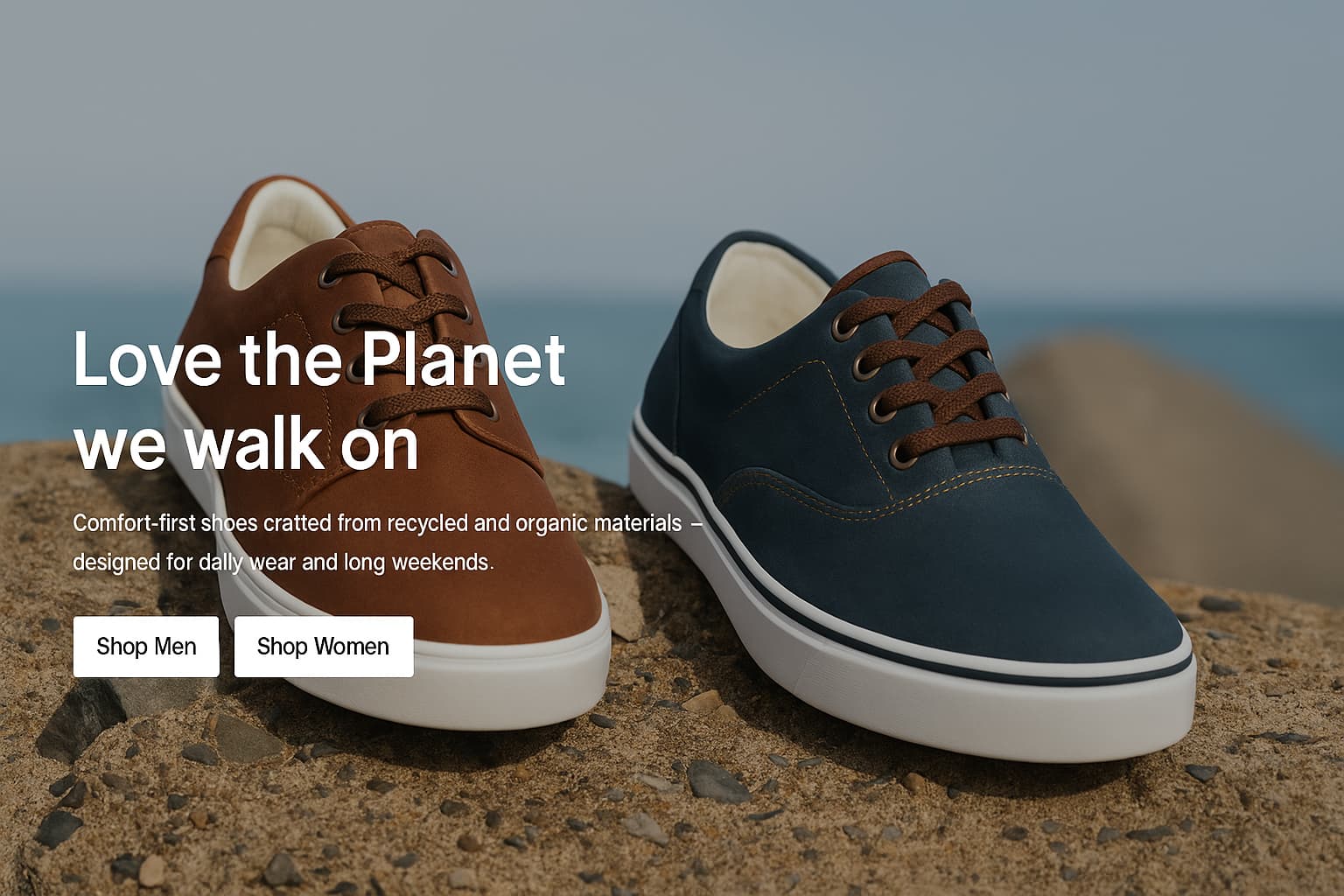 Brown and navy eco-friendly sneakers on a rocky beach
